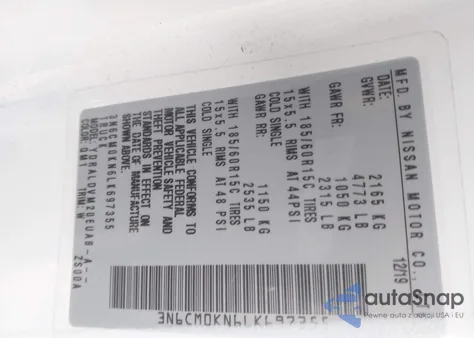 2020 Nissan Nv200 z USA, uszkodzony, nr VIN 3N6CM0KN6LK697355